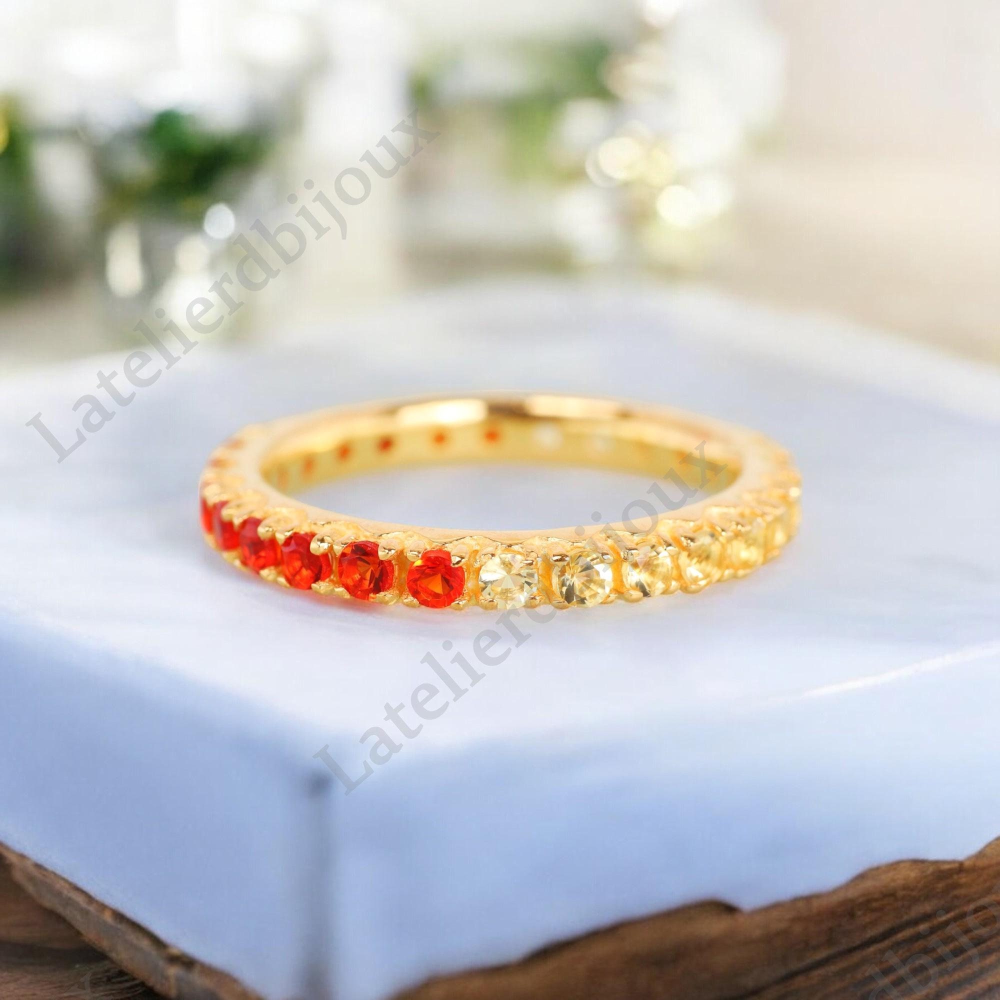 Garnet Citrine Alternative Band, Elegant Wedding Band, 10K Solid Gold Women Ring, Art Deco Bridal Band, Gemstone Gift For Her, Fine Jewlery