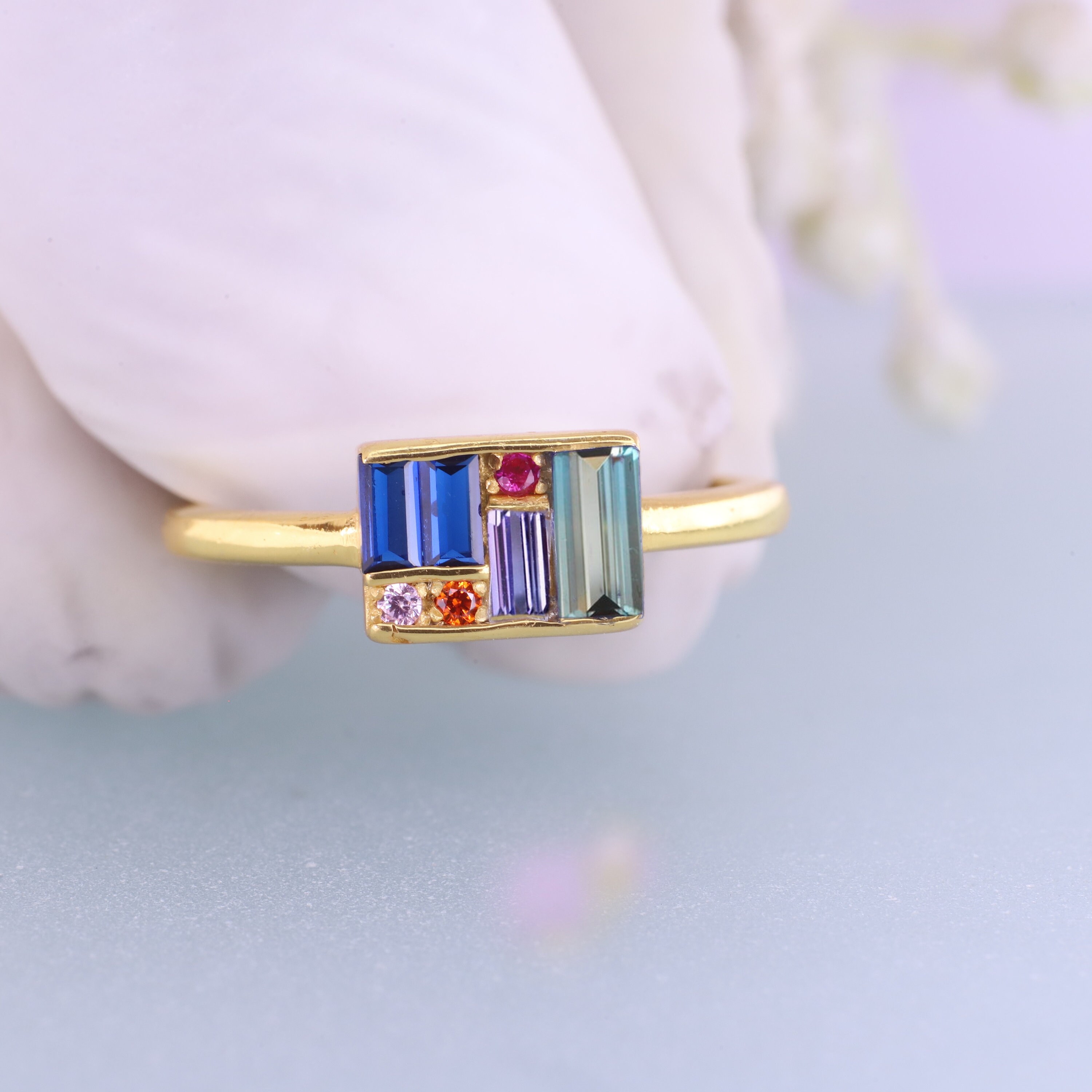 18K Solid Gold Baguette Cut Multi Gemstone Women Ring, Art