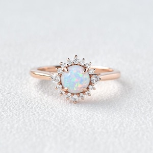 Blue Fire Opal Engagement Ring 14k 18k Rose Gold 925 Sterling Silver CZ Diamond Prong Set Opal Ring October Birthstone Ring Gift For Her
