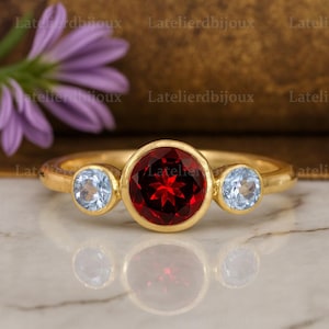 Vintage Red Garnet And Aquamarine Ring, Delicate Bridal Engagement Ring, 14K Yellow Gold Personalized Jewelry, Art Deco Promise Gift For Her