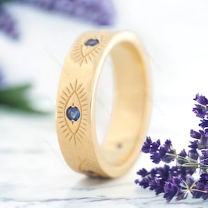 Vintage Karma Eya Sapphire ERing Evil Eye Engraved Band is in 14K Solid Gold & Variants, Women Jewelry Gift for Her, Wide Minimalist Ring