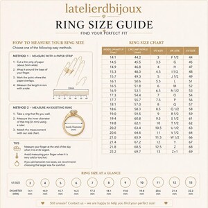 Puede incluir: Gu&iacute;a de tallas de anillos con instrucciones para medir el tama&ntilde;o del dedo con una tira de papel o un anillo existente. Incluye una tabla de tallas de anillos con tallas de EE. UU., Reino Unido y UE.