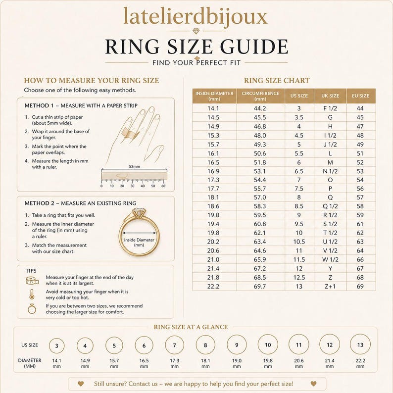 Puede incluir: Gu&iacute;a de tallas de anillos con instrucciones para medir el tama&ntilde;o del dedo con una tira de papel o un anillo existente. Incluye una tabla de tallas de anillos con tallas de EE. UU., Reino Unido y UE.
