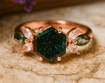Hexagon Green Sandstone Engagement Ring Marquise Shape Diamond Alternative Fine Women Jewelry Rose Gold Plated Prong Set Bridal Gift Ring