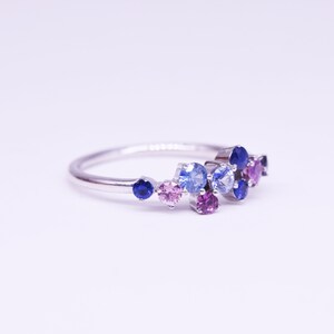 Puede incluir: Un anillo de plata con un grupo de piedras preciosas redondas en tonos azules y rosas. Las piedras est&aacute;n engastadas en un dise&ntilde;o delicado, creando un aspecto brillante. El anillo es ideal para a&ntilde;adir un toque de color y sofisticaci&oacute;n a cualquier atuendo.