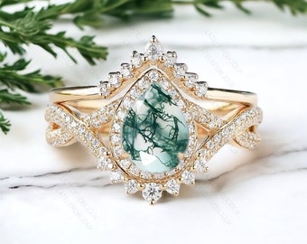 Pear shaped moss agate engagement ring set vintage moss agate ring Round Diamond Wedding Band green moss ring Natural stone ring bridal set