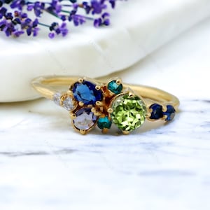 Mixed Stone Cluster Ring Peridot Ring, London Blue Topaz Sapphire & CZ Diamond Cluster Ring Alternative Engagement Ring Four Birthstone Ring