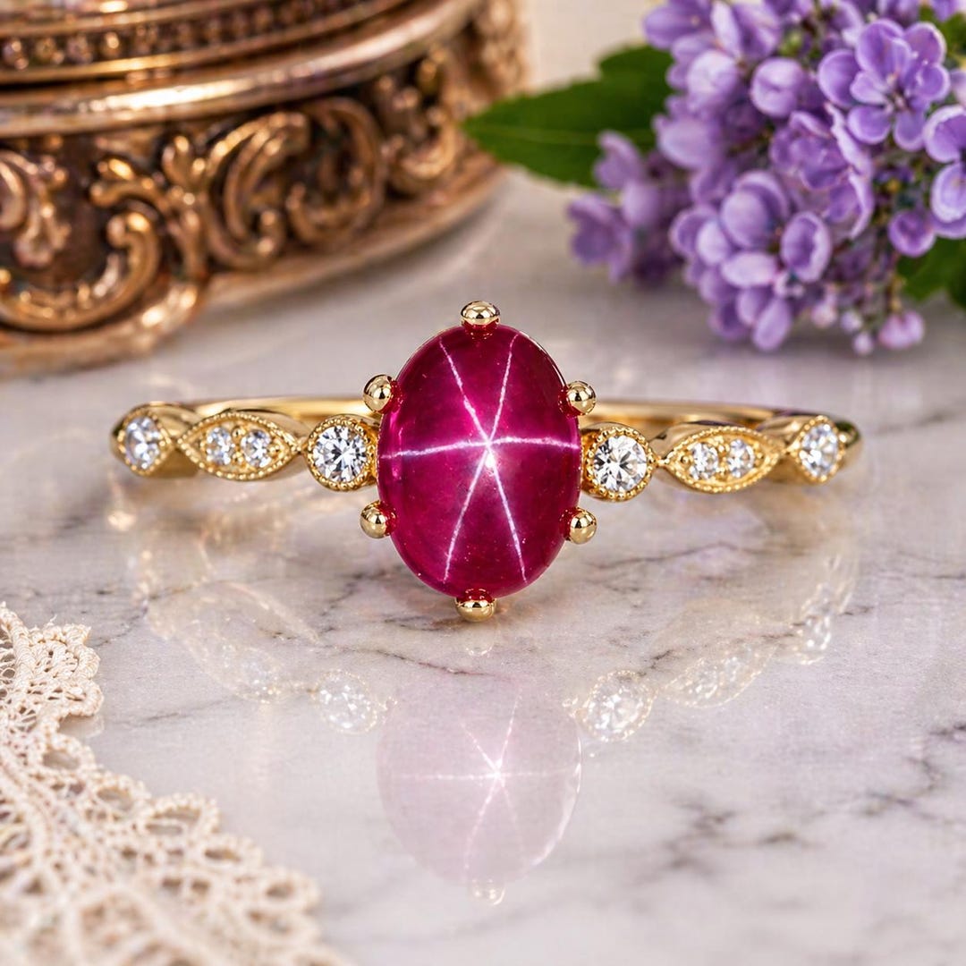Vintage Star Ruby Engagement Ring, 14K Yellow Gold Diamond Jewelry ...
