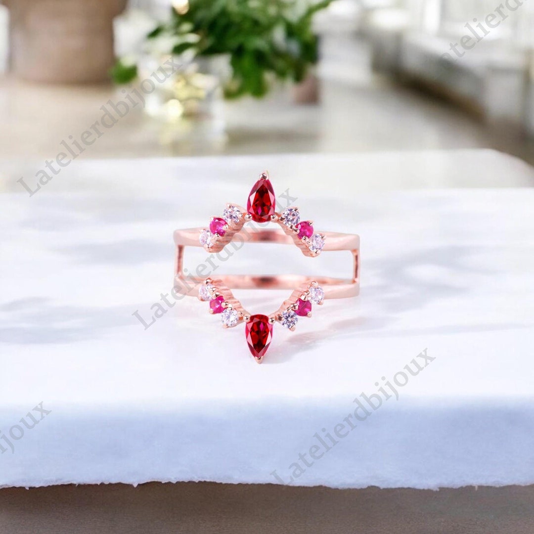 Ruby Wedding Ring Enhancer, 14K Rose Gold Engagement Ring Enhancer ...
