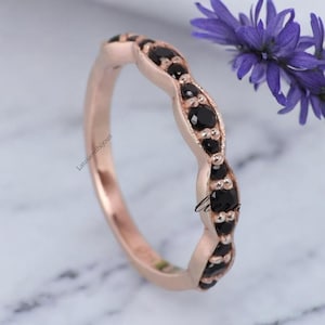 Natural Black Onyx Wedding Band, 14k Rose Gold Matching Bridal Jewelry, Half Eternity Jewelry Black Gemstone Ring, Promise Personalized Ring
