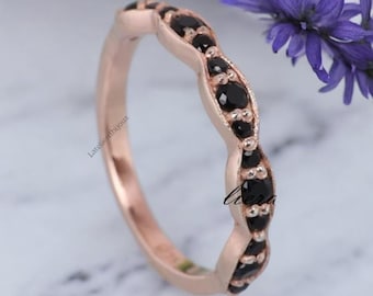Natural Black Onyx Wedding Band, 14k Rose Gold Matching Bridal Jewelry, Half Eternity Jewelry Black Gemstone Ring, Promise Personalized Ring