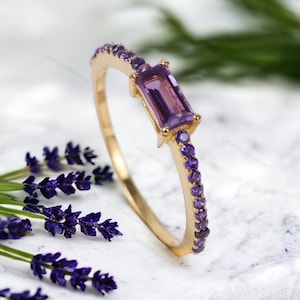 Dainty Baguette Amethyst Ring, February Birthstone Ring Amethyst Stacking Ring 14K Gold Engagement Ring, Vintage Promise Ring Gift For Girls