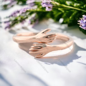 14K Solid Gold Hug Ring- Silver Love Hugging Hand Stackable Ring, Love Hug Ring, Couple Gold Ring, Lover Ring, Adjustable Love Hug Ring