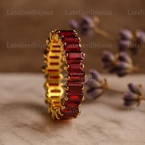 Garnet Wedding Band, 14K Gold Garnet Full Eternity Band, Baguette Cut Garnet Band, Dainty Ring, Stackable Ring, Anniversary Gift For Her