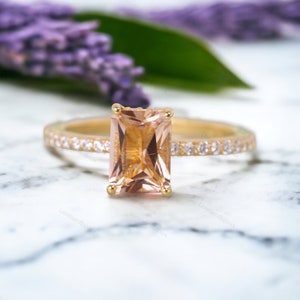 Radiant Cut Morganite Ring, Morganite Engagement Ring, 14K Yellow Gold Bridal Ring, Peach Morganite Promise Ring, Anniversary Gift For Wife