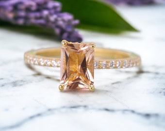 Radiant Cut Morganite Ring, Morganite Engagement Ring, 14K Yellow Gold Bridal Ring, Peach Morganite Promise Ring, Anniversary Gift For Wife