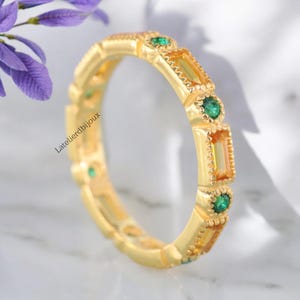 Vintage Citrine & Emerald Wedding Band, 14K Yellow Gold Women Jewelry, Full Eternity Bridal Ring, Alternative Promise Band, Birthday Gift