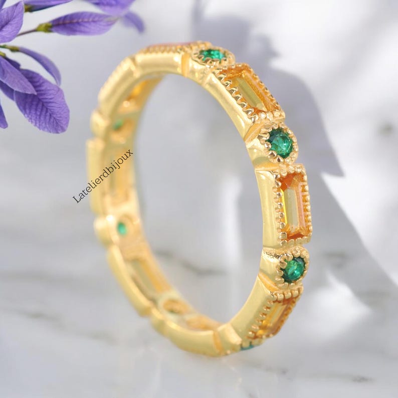 Vintage Citrine & Emerald Wedding Band, 14K Yellow Gold Women Jewelry ...