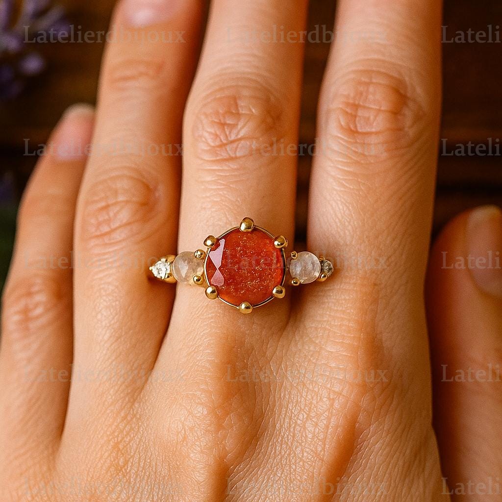 ムーンストーンサンストーンリング、14Kイエローゴールドリング、ツー