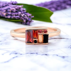 18K Solid Gold Baguette Multi Gemstone Women Ring Art Deco Garnet Ring Unique Design Citrine Ring Natural Onyx Wedding Jewlry Birthday Gifts