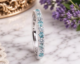 Diamond and Aquamarine Half Eternity Women's Wedding Band, March Birthstone, Art deco Anniversary Gift, Stacking Aquamarine Band Ring