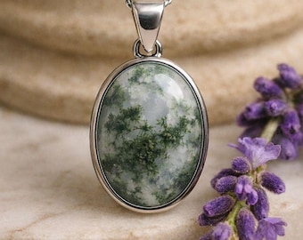 Moss Agate Pendant Necklace Silver | Genuine Green Gemstone Jewelry | Oval Moss agate Stone Necklace | Nature Inspired Gift for Her