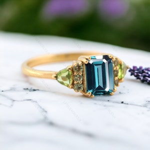 Emerald Cut Alexandrite Ring Peridot Ring Color Changing Gemstone Ring Statement Jewelry Elegant Design Wedding Gift Promise Ring for Her image 8