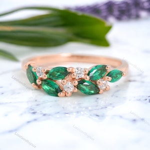 Emerald wedding band, 14k Rose gold Band Promise Band Unique Diamond Band Half eternity Bridal Jewelry Statement Birthday Gift For Mother