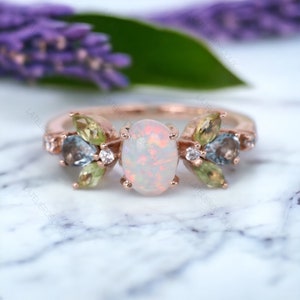 Opal Diamond Ring, 14K Rose Gold Engagement Ring, Marquise Peridot Aquamarine Ring, Floral Art Deco, Delicate Wedding Ring, Anniversary Gift