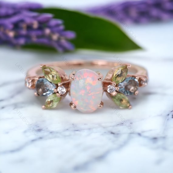 Opal Diamond Ring, 14K Rose Gold Engagement Ring, Marquise Peridot