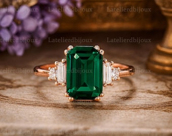 Anillo de esmeralda con corte esmeralda, anillo de compromiso, anillo de compromiso único, anillo de esmeralda, anillo de esmeralda con diamante, anillo de regalo de San Valentín, anillo de aniversario