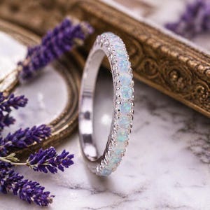 Fire Opal Band, 925 Sterling Silver Wedding Band, Handmade Women Jewelry, Half Eternity Bridal Ring, Stackable Promise Band, Gift For Wife