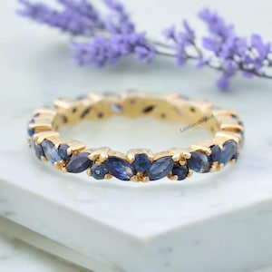 Full Eternity Sapphire Wedding Band 14K Yellow Gold Engagement Band Handmade Stacking Fine Jewelry Promise Gold Gift Anniversary Band Ring
