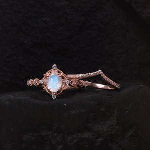 Natural Rainbow Moonstone Ring, Moonstone Wedding Ring Set, Rose Gold Rings, Oval Moonstone Ring, Stacking Matching Band, Bridal Set