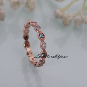 White Opal Tsavorite Garnet Ring Green Garnet Ring 14k Rose Gold Band Stackable Bridal Ring Stacking Band Full Eternity Round Cut Band