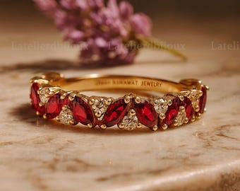 Ruby Diamond Band Ring | Marquise Cut Ruby Wedding Band | Gold Anniversary Ring for Women | Vintage Inspired Jewelry Anniversary Gift