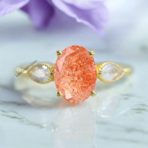 Anillo de compromiso de piedra solar para ella, anillo de compromiso único de piedra solar de corte ovalado, anillo de piedra preciosa naranja Art Deco, joyería hecha a mano para mujer, regalos de promesa