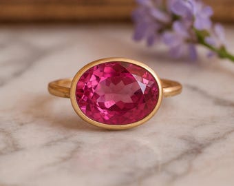 Pink Sapphire Engagement Ring Large Gemstone Ring September Birthstone Jewelry Unique Solitaire Promise Ring Engraved Rings Anniversary Gift