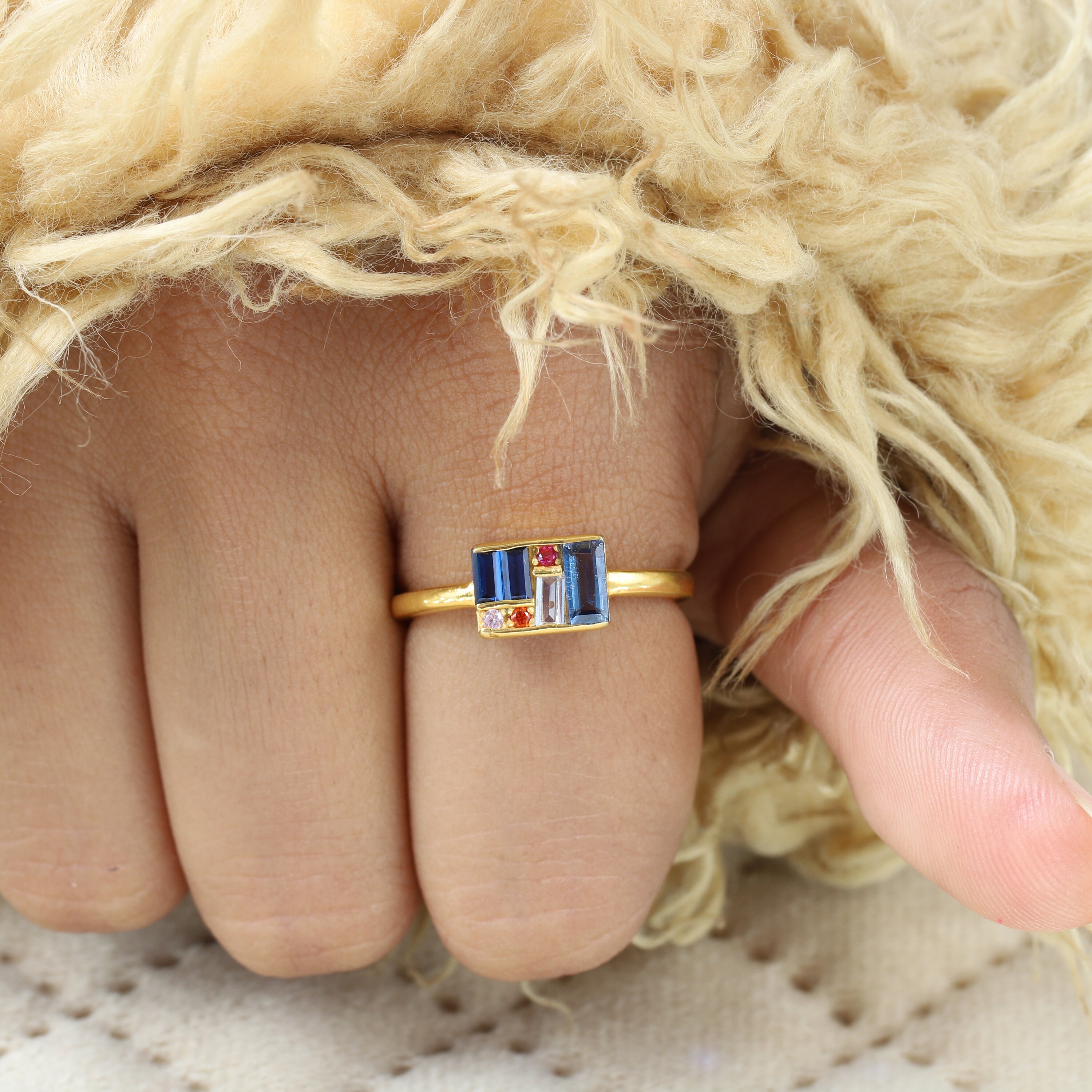 18K Solid Gold Baguette Cut Multi Gemstone Women Ring, Art