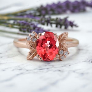 Padparadscha Sapphire Engagement Ring Diamond Solid Rose Gold Ring Peach Gemstone Anniversary Women Bridal Promise Ring, Customized Gifts
