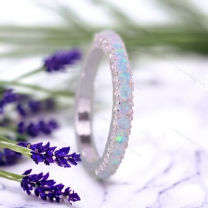Fire Opal Band, 925 Sterling Silver Wedding Band, Handmade Women Jewelry, Half Eternity Bridal Ring, Stackable Promise Band, Gift For Wife