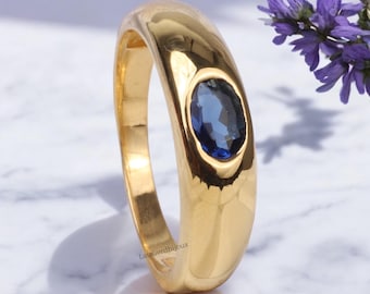 14k Yellow Gold Sapphire Ring, Art Deco Ring, Unisex Ring