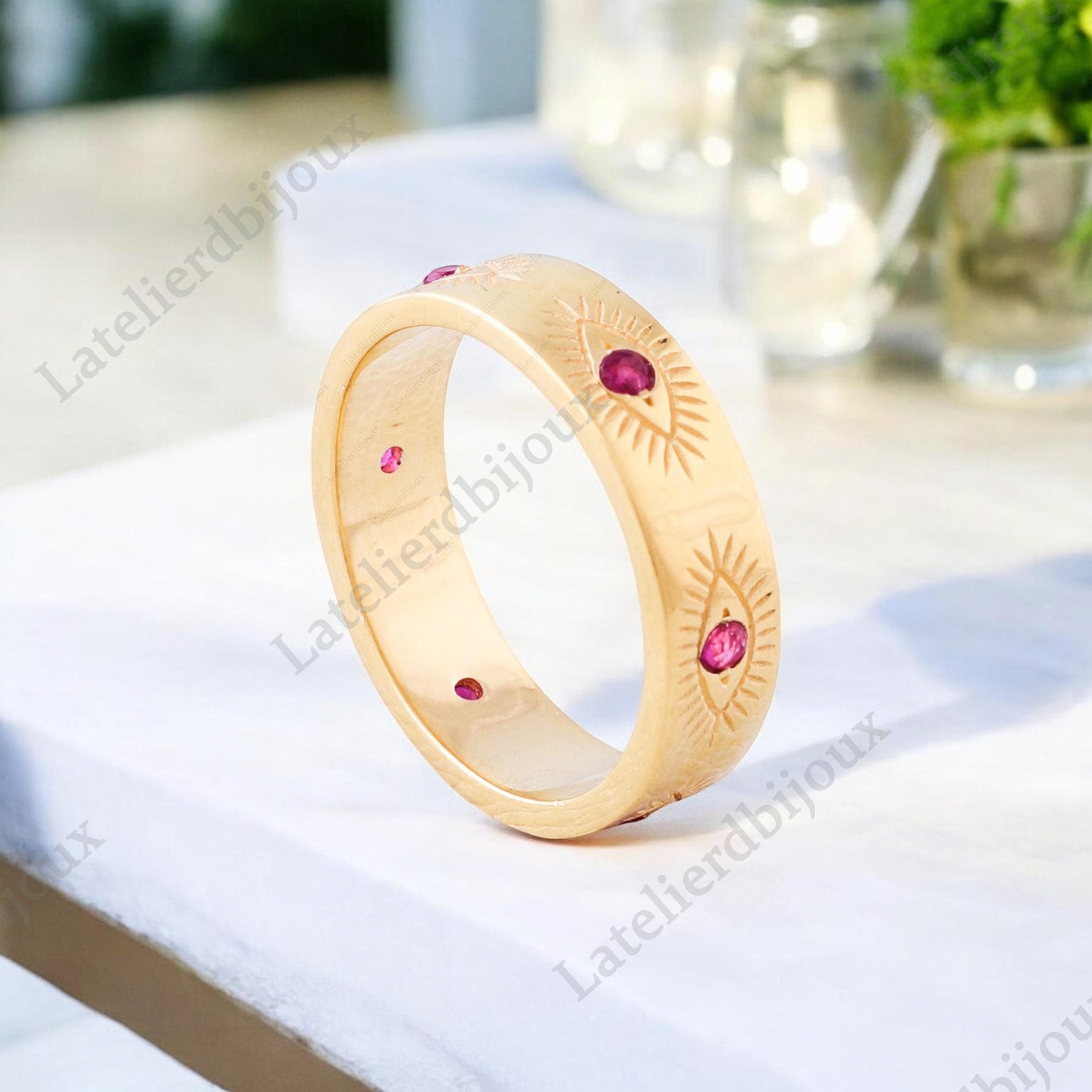 Ery Rings Vintage Karma Eya Ruby Ering Evil Eye Engraved Band is in 14K Solid ...