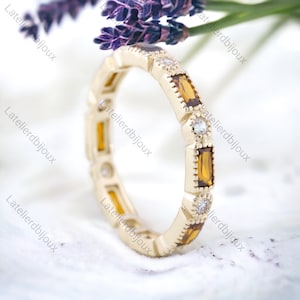 Full Eternity Citrine Ring, 14K Yellow Gold Ring, Citrine Wedding Diamond Band, Stacking Ring Dainty Ring November Birthstone Gift for her