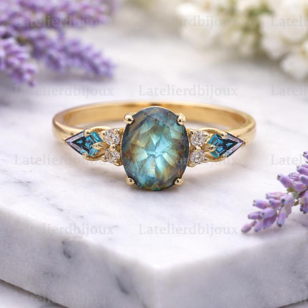 Oval Labradorite Engagement Ring, Kite Alexandrite Side Stone Ring, 14K ...