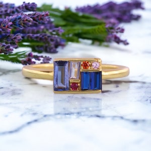 18K Solid Gold Baguette Cut Multi Gemstone Women Ring, Art Deco Bezel Set Ring, Unique Design Box Ring, Elegant Bridal Jewlry, Gift For Her