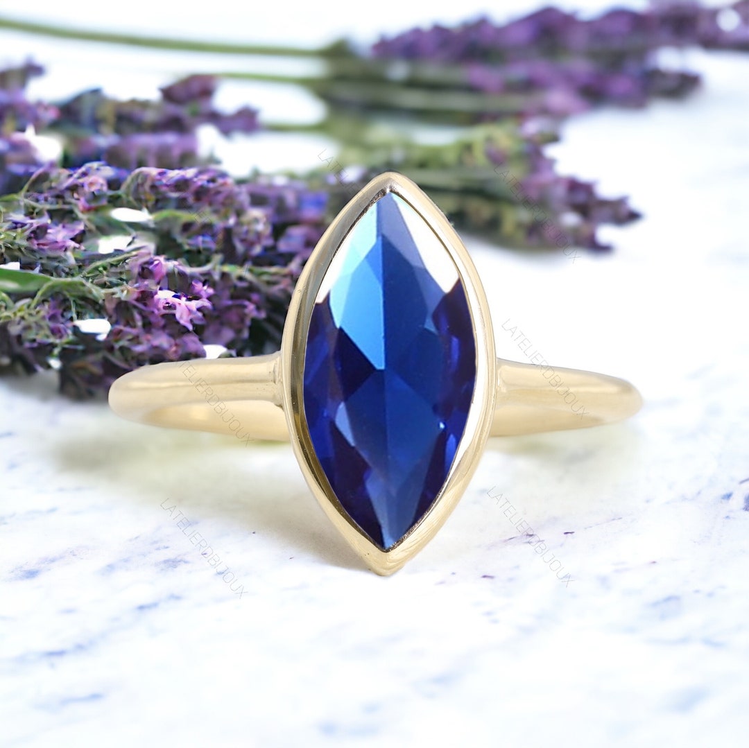 Bague Saphir Bleu Barbeau Marquise - Argent 925 Sertissage Griffe - Taille Unique Vintage