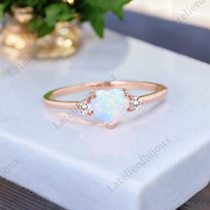 Opal Engagement Diamond Ring Heart Shape Opal Wedding Ring 14k Rose Gold Unique Ring Bridal Anniversary Gift October Birthstone Gift For Her