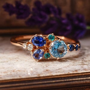 Mixed Stone Cluster Ring Aquamarine, London Blue Topaz, Sapphire & CZ Diamond Cluster Ring Alternative Engagement Ring Four Birthstone Ring