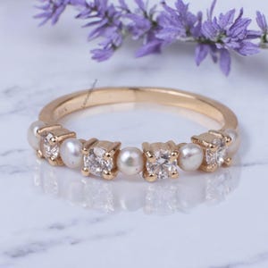 Pearl Diamond Wedding Band, Half Eternity Band For Women, 14k Rose Gold Pearl Matching Band, Minimalist Delicate Band, Anniversary Gift